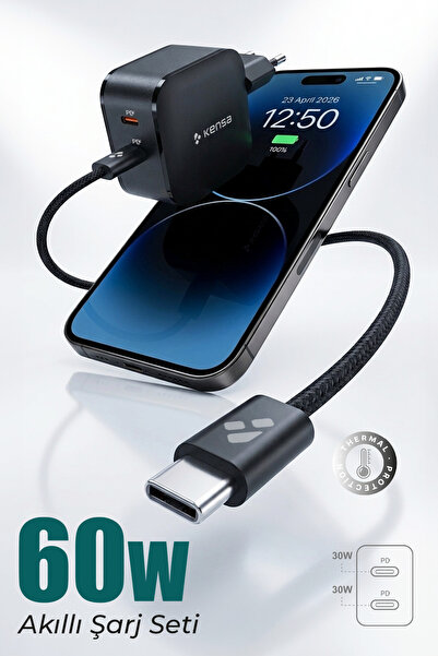 Kensa 60W Çift Portlu USB-C Girişli Akıllı Hızlı Şarj Adaptör Kablo Seti - PD...