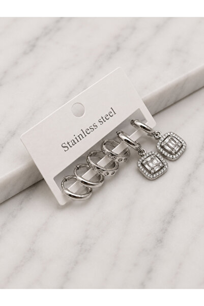 BİJU YILMAZ 26Clk133 - Silver Stone Embellished Hoop Earring Set