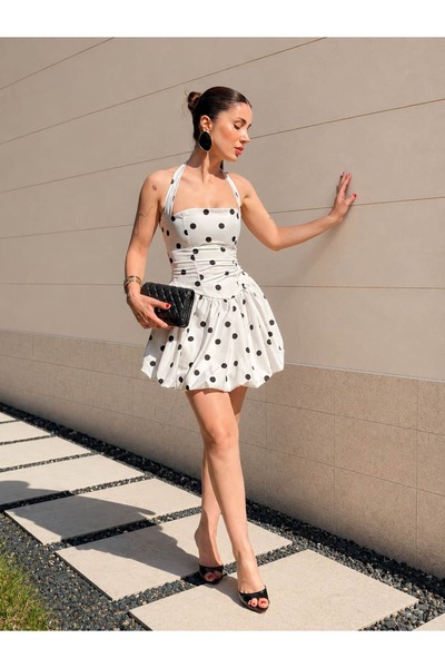 YK FASHION Eteği Balon Kesim Puantiyeli Mini Elbise