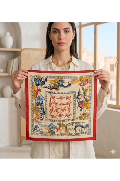 DipOL Butik Kırmızı Çerçeveli Oryantal Desenli Dekoratif Saten Bandana Fular ...
