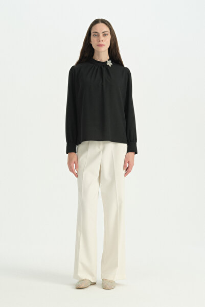 Nihan Drawstring Brooch Detailed Blouse - Black