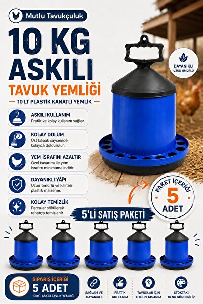 MUTLU TAVUKÇULUK 5 Adet 10 Kg Askılı Tavuk Yemliği 10 Lt Plastik Kanatlı Yeml...