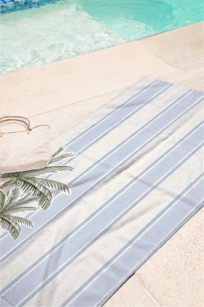 Evimde Bambaşka Palm Tree Stripes Tropical Beach Towel - Blue and White Mediterranean Style Quick Drying Microfiber Towel