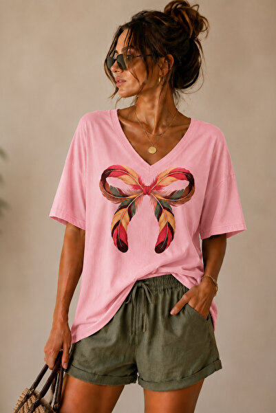 ArtYus Bowknot Printed V-Neck Casual Unisex Oversize T-Shirt Cotton Casual T-...