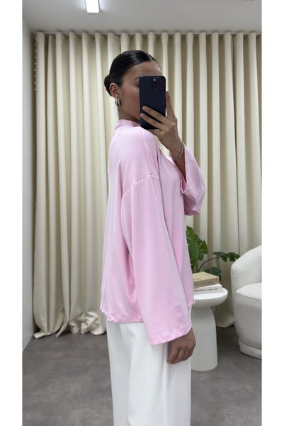 YOUR NAME Dik Yaka Oversize Dökümlü Pembe Bluz
