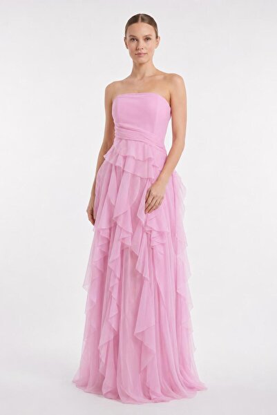 SpringStore Pembe Eteği Saçaklı Straplez Tül Abiye