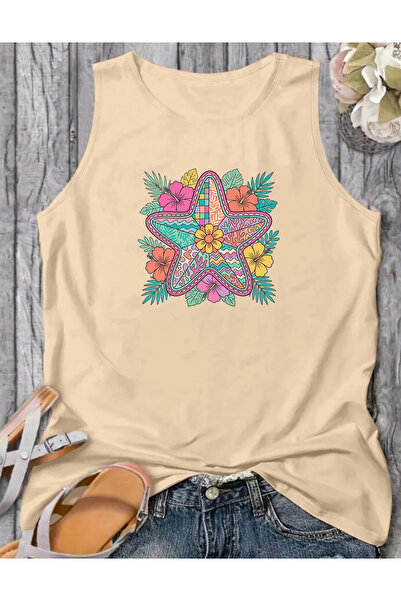 SUNFREE Tropical Sea Star Printed Sleeveless Crew Neck Women's Tshirt
