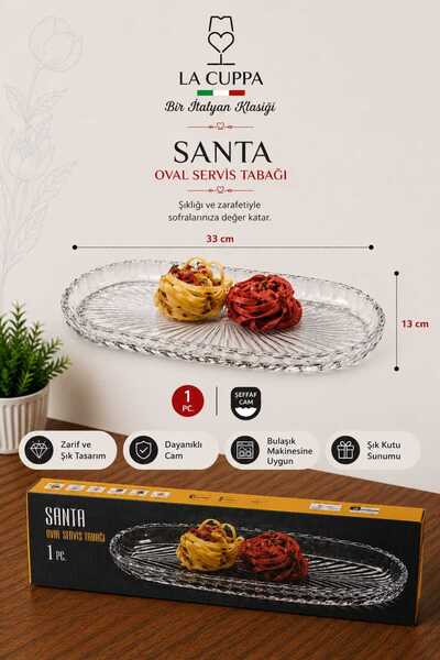 Herza House Santa Kristal Desenli Oval Cam Servis ve Sunum Tabağı - 33x13 cm