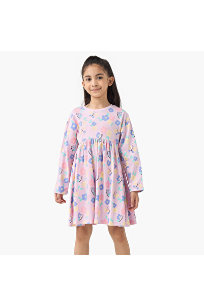 Juniors Round Neck Long Sleeves Skater Dress with Floral Print