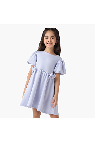 Juniors Bow Accent A-Line Dress with Puff Sleeves