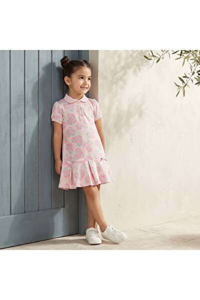 Juniors Peter Pan Collar Short Sleeves Polo Dress with Floral Print