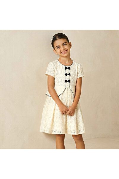 Juniors Round Neck Short Sleeves Dress with Embellished Detail