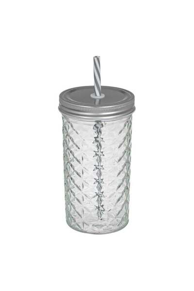 OEM Pahar din Sticlă Reliefată cu Capac Metalic și Pai, 600 ml