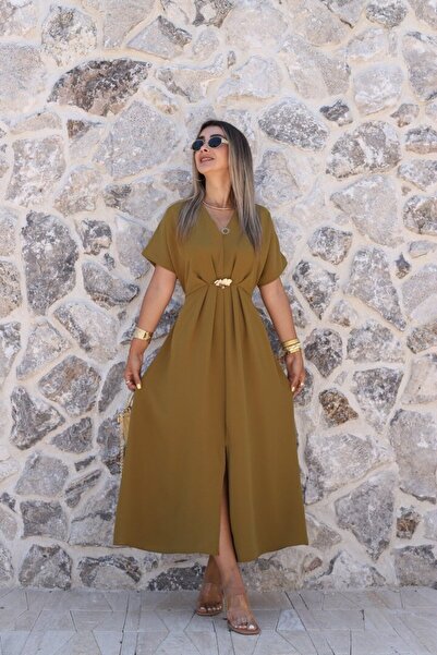 bytugcekaya Olive Broş Detay Bel Bağlamalı Elbise