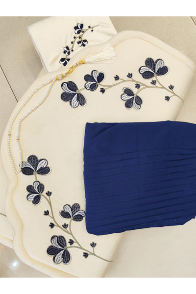 Generic Prayer Set Featuring a White Velvet Padded Rug with Blue Floral Embro...