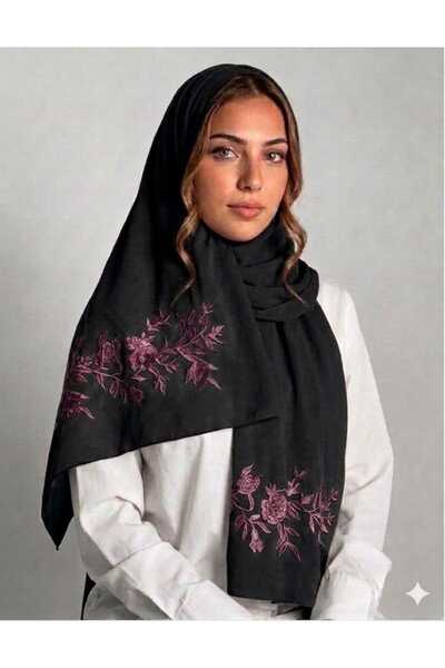 Veil Designer Black Two-Layered Fabric with Embroidery on Both Sides, Rose Br...