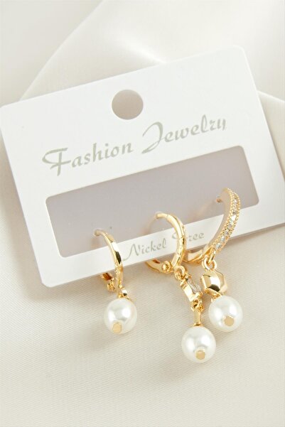 Generic Brand Svl-Shop 3 Pieces Oval Pearl Zircon Stone (70255) Earrings-Silv...