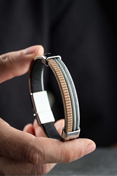 Nereze Chrome Plated Leather Detailed Double Row Men's Steel Bracelet