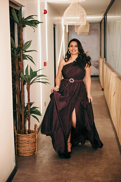 Mialora One-Shoulder, Accessory Detailed, Draped, Belted Waist, Taffeta Eveni...
