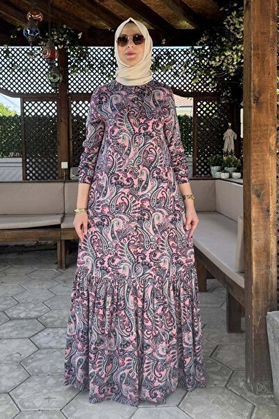 Rabia Şamlı Rengin Şal Desenli Gömlek Elbise Pembe