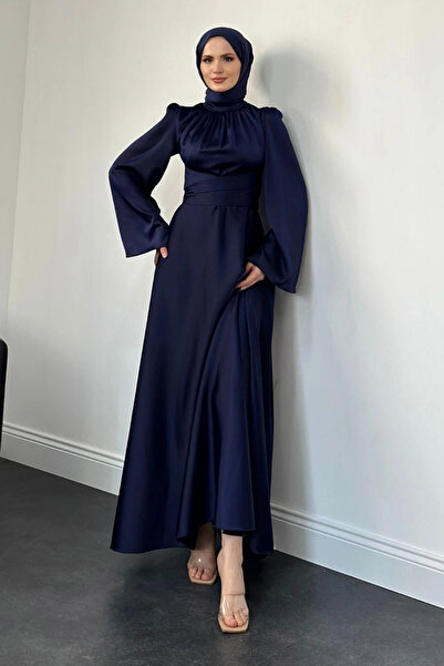 Tesettür Diyarı Women's Spanish Sleeveless Satin Hijab Evening Dress - Navy Blue