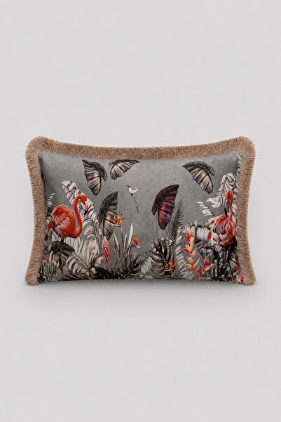 VISIONARIO Tropical Flamingo Patterned Tasseled Babyface Woven Throw Pillow C...
