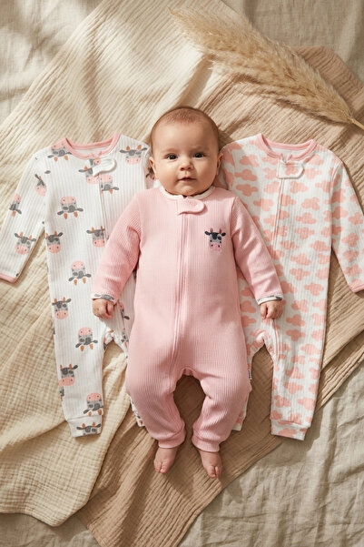 Babydonat Nube Soft Pamuklu Waffle Dokulu Pembe Bulut ve Sevimli İnek Desenli...