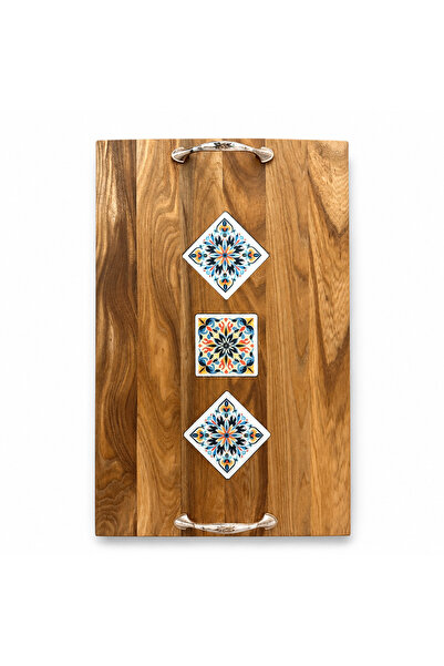 OEM Platou din lemn cu mozaic decorativ și mânere metalice, 50 x 30 cm