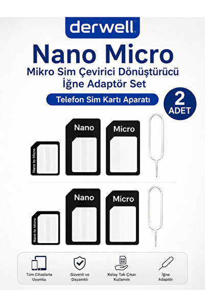 Derwell 2 Adet Nano Micro Mikro Sim Çevirici Dönüştürücü İğne Adaptör Set Tel...