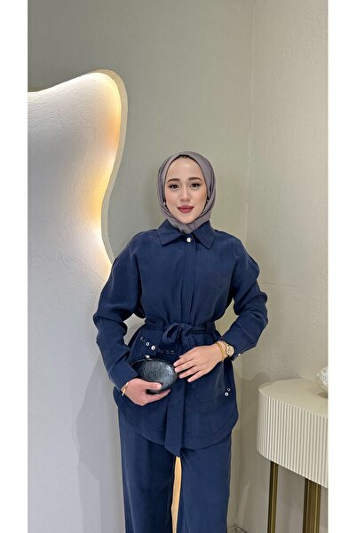 Jupe Kadın Kuşaklı Gömlek Aksesuar Detaylı Cepli İkili Takım 8623
