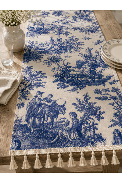 linea natura home Lacivert Fransız Köylü Desenli Duck Kumaş Runner Ucu Püskül...