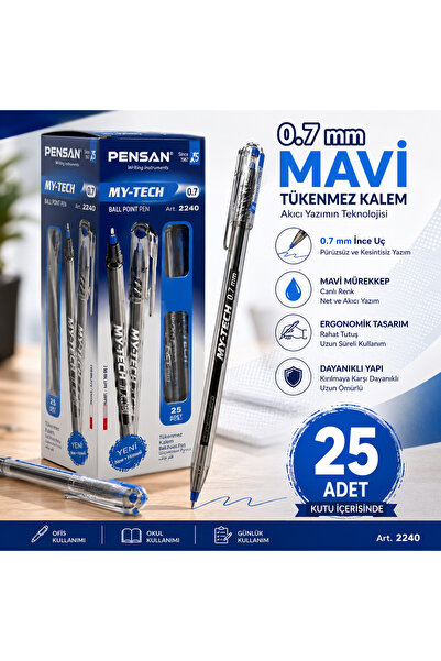 Pensan My-Tech 2240 Mavi Tükenmez Kalem 0.7 mm 25'li Kutu | Dayanıklı Uç, Akı...