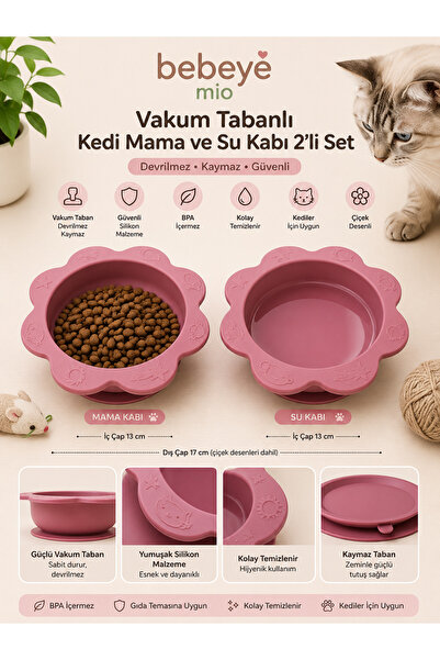 Bebeye 2li Vakum Tabanlı Silikon Devrilmez Kedi Maması ve Su Kabı
