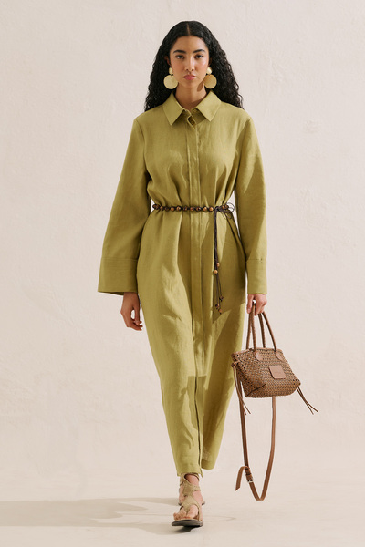 Manuka Linen Belted Shirt Dress Oil Green