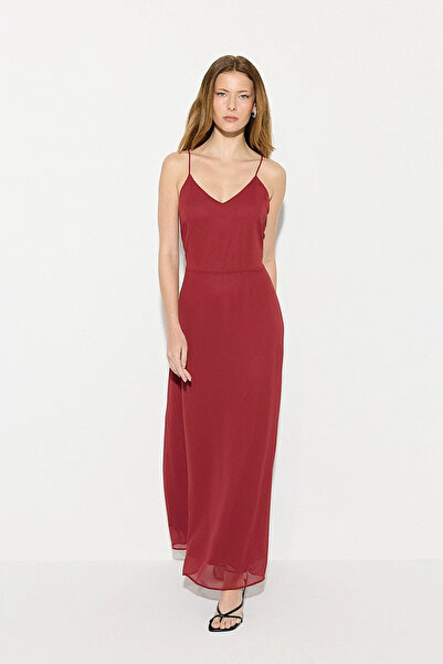Gusto Long Chiffon Evening Dress with Rope Straps - Burgundy