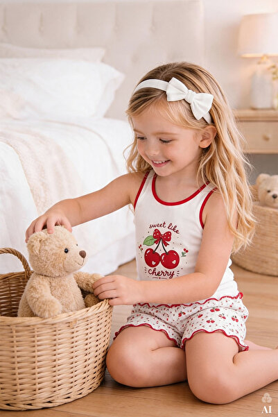 koza iç giyim Girl's Cotton Patterned Thick Strap Pajama Set