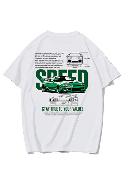 BRZ COLLECTION Tricou unisex supradimensionat cu mașină verde de viteză (ALB)