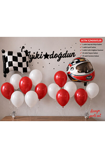 Dizayn Parti Evi Motor Yarışı Temalı Doğum Günü Balon Seti Kask Folyo Balon D...