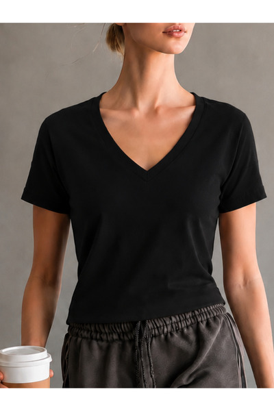 SOFT AURA Kadın Siyah V yaka t-shirt %100 pamuk
