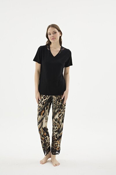 Sevim Women's V-Neck Lace Leopard Patterned Black Pajama Set C9T8N671