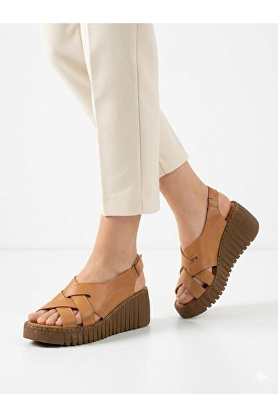Lütfi Women's Tan Inner and Outer Genuine Leather Orthopedic Soft Sole Wedge ...