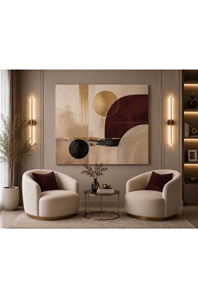 walliva Bordo Bej Gold Soyut Geometrik Kanvas Tablo Modern Minimalist Duvar D...