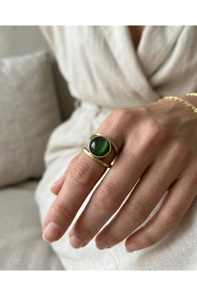 Dorvina Bronze Women's Ring Authentic Brass Plated Round Green Cat's Eye Ston...