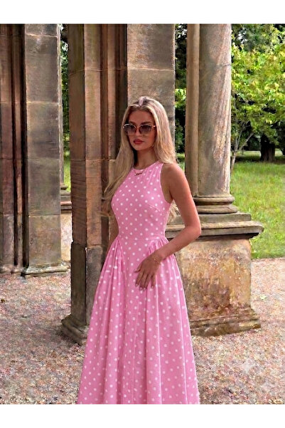 Perryes Kadın Vintage Açık Sırt Bel Oturtmalı Jean Elbise Mavi Pembe Puantiye