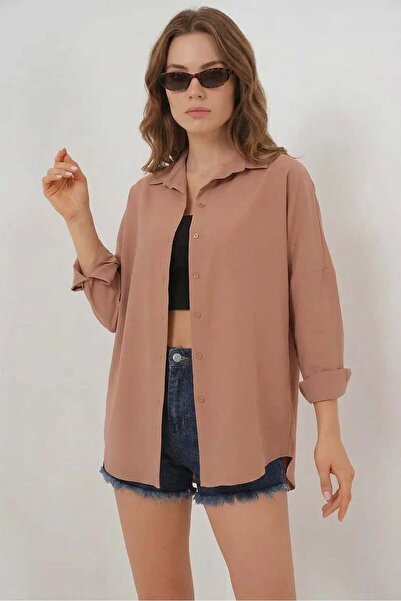 Kadın Oversize Kesim Basic Pamuklu Camel Gömlek