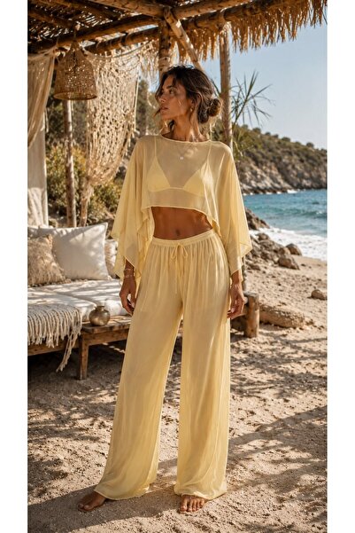 BALIENTE Yellow Lux Chiffon Fabric Blouse and Pants Beach Wear 2-Piece Set S/M