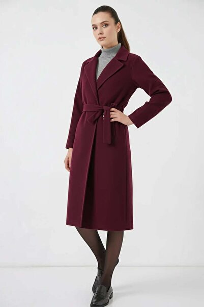 Generic Brand Women's Double-Breasted Collar Belted Cotton Claret Red Coat