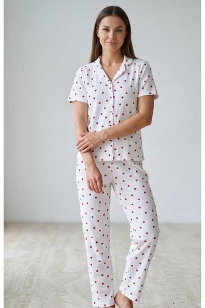 sleeproom Summer Buttoned Short Sleeve White Red Small Heart Patterned Pajama...