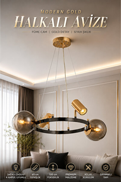 Elvora Home Modern (PREMİUM) Gold Siyah Halkalı Avize 2xE14 + 2xGU10 Füme Cam...