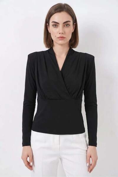 Generic Brand Women's Double-Breasted Collar Black Blouse with Shoulder Padding